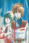  1980s_(style) 1boy 1girl belt black_hair choujikuu_yousai_macross couple english_commentary grin happy highres holding_another&#039;s_arm ichijou_hikaru lynn_minmay macross mikimoto_haruhiko military_uniform mullet official_art production_art promotional_art retro_artstyle scan science_fiction smile traditional_media u.n._spacy uniform upper_body 