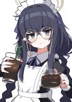  1girl alternate_costume apron bags_under_eyes black_eyes black_hair blue_archive closed_mouth coffee cup drinking_straw enmaided frilled_apron frills glasses hair_between_eyes halo highres holding holding_cup long_hair long_sleeves looking_at_viewer maid maid_headdress round_eyewear simple_background solo ui_(blue_archive) white_apron white_background xaiqi 