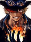  1boy artist_name black_gloves black_hat blonde_hair dated english_text fire gloves goggles goggles_on_headwear happy_birthday hat hat_over_one_eye kamuna8046z looking_at_viewer male_focus one_piece pixiv_id sabo_(one_piece) scar scar_across_eye scar_on_face short_hair simple_background solo third-party_source top_hat twitter_username white_background 