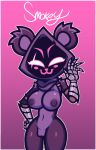 anthro areola armor bear blush breasts clothed clothing epic_games eye_scar facial_scar female fortnite fur gauntlets genitals gesture gloves gradient_background handwear hi_res hood looking_at_viewer mammal nipples nude partially_clothed partially_clothed_anthro partially_clothed_female purple_body pussy raven_team_leader scar shadow_face simple_background smile smokey_the_menish solo thick_thighs topless waving waving_at_viewer wraps