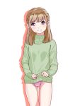  1girl bad_drawr_id bad_id bare_legs blush brown_hair character_request clothes_lift copyright_request drop_shadow francine_(daijaemon) green_sweater lifted_by_self long_hair looking_at_viewer no_pants oekaki panties pink_panties purple_eyes simple_background smile solo standing sweater turtleneck underwear white_background 
