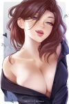  1girl avalon_(olchas) breasts brown_hair cleavage collared_shirt heart highres large_breasts licking_lips lips long_hair looking_at_viewer mole mole_under_mouth no_bra olchas original partially_unbuttoned purple_eyes shirt solo tongue tongue_out upper_body 