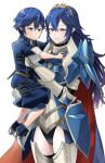  1boy 1girl aged_down ameno_(a_meno0) armor black_gloves black_panties blue_armor blue_cape blue_eyes blue_hair blue_shirt blue_shorts blush breastplate cape child chrom_(child)_(fire_emblem) chrom_(fire_emblem) commentary_request father_and_daughter fire_emblem fire_emblem_awakening fire_emblem_heroes gauntlets gloves hair_between_eyes long_hair lucina_(fate&#039;s_resolve)_(fire_emblem) lucina_(fire_emblem) official_alternate_costume panties pauldrons plackart red_cape shirt short_hair shorts shoulder_armor simple_background tiara two-tone_cape underwear white_background 