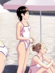  3girls :d ass bad_drawr_id bad_id bare_shoulders beach_umbrella black_hair breasts brown_hair cheekbones cleavage closed_mouth collarbone commentary_request competition_school_swimsuit eyelashes folded_ponytail francine_(daijaemon) highleg light_smile looking_afar looking_ahead looking_to_the_side multiple_girls oekaki one-piece_swimsuit open_mouth original outdoors school_swimsuit shiny_skin short_hair sitting small_breasts smile spaghetti_strap standing swimsuit tareme teeth umbrella upper_teeth_only white_one-piece_swimsuit 