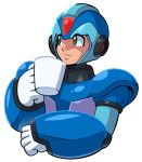  1boy armor blue_armor blue_helmet cup forehead_jewel green_eyes holding holding_cup hyoumaru looking_to_the_side mega_man_(series) mega_man_x_(series) shoulder_armor simple_background solo transparent_background upper_body x_(mega_man) 