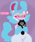 absurd_res anthro black_body black_tail blue_body blue_fur blue_tail blush blush_lines bodily_fluids dialogue fangs female fur gift gift_tag green_blush grey_body hi_res inner_ear_fluff nick_(beasbeans) offaly_(kabsfy) pink_body pink_eyes pink_fur pink_nose pink_text plushie prosthetic prosthetic_arm prosthetic_limb purple_background purple_tongue ribbons sad simple_background solo sosu-the-blue-wolf spanish_text speech_bubble tail talking_to_viewer tears teeth text tongue tuft white_body white_eyes white_fur