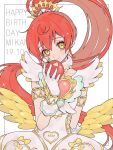  1girl ao_(ao0_0nemu) apple armlet bad_id bad_twitter_id bare_shoulders character_name commentary_request dress feathered_wings food fruit gold_trim hand_up happy_birthday holding holding_food idol_clothes long_hair looking_at_viewer low_wings ponytail pretty_series pripara red_apple red_hair shiratama_mikan smile solo standing very_long_hair white_background white_dress wings wrist_cuffs yellow_eyes yellow_wings 