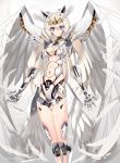  1girl android angel angel_wings arms_at_sides blonde_hair commentary_request eyebrows_visible_through_hair feathers gold_trim headgear highres i.takashi long_hair looking_at_viewer navel original purple_eyes robot_joints signature smile wings 