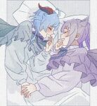  2girls blue_hair blue_sweater closed_eyes commentary_request cone_hair_bun from_above ganyu_(genshin_impact) genshin_impact hair_bun highres holding_hands keqing_(genshin_impact) laughing long_hair long_sleeves lying multiple_girls neck_ribbon on_bed on_side open_mouth pajamas pillow purple_hair purple_ribbon ribbon smile sweater under_covers upper_body wu_qin_(gyxx_04) yuri 