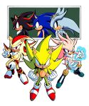  absurdres aura black_footwear black_fur blue_fur clenched_hands clenched_teeth dragon_ball dragon_ball_z energy fighting_stance from_side full_body green_background green_eyes grey_fur highres kolsanart parody red_eyes red_footwear shadow_the_hedgehog shoes silver_the_hedgehog simple_background sonic_(series) sonic_the_hedgehog super_shadow super_silver super_sonic teeth white_background yellow_eyes yellow_fur 