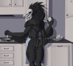 2024 5_fingers accipitriform anthro apron artist_name avian biped bird black_body black_eyes black_feathers black_sclera bodily_fluids claws clothing colored cooking egg english_text feathered_diva feathers female fingers genital_fluids hi_res inside kitchen looking_at_viewer mostly_nude open_mouth solo standing tail tail_feathers text vaginal_fluids vulture