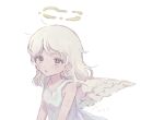  1girl angel angel_wings dress expressionless flat_chest halo liquid_halo looking_to_the_side medium_hair original parted_lips simple_background solo tetora_u_u upper_body vaccine_scar white_background white_dress white_hair white_wings wings 