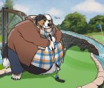 anthro belly belly_overhang bernese_mountain_dog big_belly black_body black_fur brown_body brown_fur canid canine canis claws clothed clothing detailed_background domestic_dog english_text flag_(object) fur golf golf_ball golf_club golf_course hi_res holding_golf_club holding_object male mammal molosser moobs morbidly_obese morbidly_obese_anthro morbidly_obese_male mountain_dog obese obese_anthro obese_male outside overweight overweight_anthro overweight_male plant sam_(thesammon) scarf solo standing sugarboy swiss_mountain_dog text toe_claws tongue tongue_out tree water water_wheel white_body white_fur