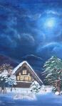  blue_sky building bush frozen_lake highres house lake mizukiteiko8 moon moonlight night night_sky no_humans original painting_(medium) scenery sky snow traditional_media tree water window 