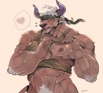  accessory blush bottomless bovid bovine camo cattle clothed clothing gesture hand_heart headband horn male mammal muscular muscular_male nipples pecs pubes rybiok shennong shirt tank_top tokyo_afterschool_summoners topwear video_games 