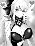  1girl bare_shoulders blush breasts cleavage fate/grand_order fate_(series) hair_between_eyes heart kankitsu_kei large_breasts long_hair looking_at_viewer monochrome morgan_le_fay_(fate) navel smile solo spikes very_long_hair 