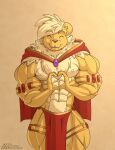 2024 abs amadu_(deltaepsilon) anthro armband biceps big_muscles bottomwear butt clothed clothing deltaepsilon digital_drawing_(artwork) digital_media_(artwork) eyes_closed fang_out fangs felid front_view fur gem gesturing_at_viewer gold_armlet gold_legband gold_ring gold_thighlet heart_gesture huge_muscles jewelry legband lion loincloth male mammal multicolored_body multicolored_fur muscular nipples pantherine pecs portrait pose quads red_bottomwear red_clothing red_loincloth skimpy smile smiling_at_viewer solo teeth three-quarter_portrait two_tone_body two_tone_fur
