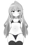  1girl aisaka_taiga arms_behind_back ass_visible_through_thighs bikini black_bikini blush breasts commentary cowboy_shot dot_mouth english_commentary greyscale highres long_hair looking_at_viewer mikoscrub monochrome navel sidelocks simple_background skindentation small_breasts solo standing swimsuit thighhighs toradora! v-shaped_eyebrows white_background 