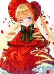  1girl blonde_hair blue_eyes blunt_bangs blush bonnet bow bowtie capelet commentary_request cowboy_shot curtsey dress drill_hair drill_sidelocks flower flower_brooch frilled_capelet frilled_dress frills green_bow green_bowtie highres lolita_fashion long_hair long_sleeves looking_at_viewer medium_bangs open_mouth petals red_capelet red_dress red_flower red_rose riri5937 rose rozen_maiden shinku sidelocks solo twintails very_long_hair 