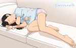  1girl barefoot black_hair blue_shirt couch day highres indoors mole mole_under_mouth on_couch original shadow shinchou_ni_kansuru_kousatsu shirt shorts sleeping solo striped striped_shirt watermark 