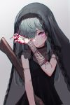  1girl arm_tattoo blood closed_mouth collarbone eyebrows_visible_through_hair eyes_visible_through_hair fingernails gradient gradient_background grey_hair hair_over_one_eye hand_tattoo highres long_hair oota_youjo original purple_eyes see-through solo tattoo veil 