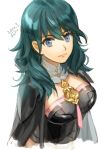  1girl black_cape blue_eyes breasts byleth_(fire_emblem) cape closed_mouth cropped_torso dated eyelashes fire_emblem fire_emblem:_three_houses fon-due_(fonfon) green_hair hair_between_eyes large_breasts long_hair looking_at_viewer solo tassel white_background 