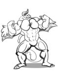  anthro biceps big_muscles dragon fangs flexing gmxmuscle grin hi_res horn huge_muscles hyper hyper_muscles male monochrome muscular nude pecs simple_background smile standing syrlis white_background wings 