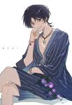  1boy backlighting blue_shirt blue_shorts bracelet crossed_legs flower genshin_impact hand_on_own_chin hand_on_own_opposite_hip hand_up highres japanese_clothes jewelry looking_down loose_clothes loose_shirt male_focus necklace open_clothes open_shirt parted_bangs parted_lips purple_eyes purple_flower purple_hair scaramouche_(genshin_impact) shirt short_hair shorts sialou simple_background sitting smile solo striped_clothes upper_body 