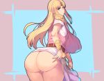  1girl ass blonde_hair breasts circlet curvy dress dress_lift earrings from_behind highres huge_ass huge_breasts jewelry looking_at_viewer looking_back metal_owl_(aden12) panties parted_lips pauldrons plump pointy_ears princess_zelda purple_panties solo the_legend_of_zelda thick_thighs thighs triangle_earrings underwear white_dress wide_hips 