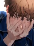  1boy 9u90ng blue_jacket blush brown_eyes brown_hair close-up collared_jacket covering_face embarrassed female_pov fingernails garbage_time hands_on_own_face highres jacket ki_sangho leaning_forward looking_at_viewer male_focus mole mole_under_eye portrait pov short_hair shy simple_background solo track_jacket 
