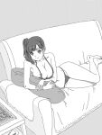  1girl bad_drawr_id bad_id barefoot bikini breasts character_request cleavage closed_mouth copyright_request couch francine_(daijaemon) greyscale lace large_breasts looking_at_viewer lying monochrome navel oekaki on_side pillow side_ponytail smile solo swimsuit table 