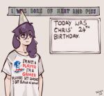  bags_under_eyes clothes_writing hat highres meme non-web_source original party_hat purple_hair shirt sonic_the_hedgehog t-shirt 