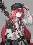  1girl absurdres arknights bangs belt eyebrows_visible_through_hair grey_background hair_ornament hairclip hat highres holding holding_weapon horns jewelry long_hair looking_at_viewer low_twintails necktie open_mouth pauldrons pointy_ears red_eyes red_hair red_nails ring simple_background solo teeth twintails very_long_hair vigna_(arknights) weapon xia_oekaki 