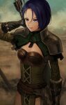  1girl armor arrow_(projectile) belt black_belt black_gloves breasts cleavage closed_mouth dated drawing_arrow dust fire_emblem fire_emblem:_three_houses fon-due_(fonfon) gloves hair_between_eyes outdoors purple_hair quiver shamir_nevrand short_hair signature solo 