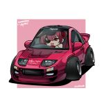  1girl absurdres black_hat blush border car chibi commission driving english_commentary eyepatch hair_behind_ear highres holeecrab hololive houshou_marine long_hair looking_to_the_side motor_vehicle nissan nissan_300zx nissan_300zx_(z32) nissan_fairlady_z one_eye_covered outside_border red_eyes red_hair shadow simple_background smile solo sports_car stance_(vehicle) twintails twitter_username vehicle_focus virtual_youtuber white_border 