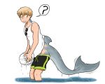  ? anthro ball bottomwear cetacean clothing delphinoid dorsal_fin eyewear fin flukes green_eyes hi_res human looking_back male mammal marine shirt shorts simple_background solo species_transformation sport sunglasses swimming_trunks swimwear tank_top thick_tail tinypigdraws toothed_whale topwear transformation volleyball_(ball) water white_background 