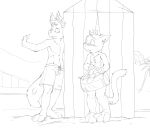 anthro beach blush blush_lines canid clothed clothing domestic_cat duo ears_back felid feline felis hair hi_res holding_bag inner_ear_fluff male mammal monochrome mouth_closed oselotti oselotti_(character) outside palm_tree pivoted_ears plant short_hair standing topless tree tuft
