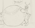 2019 anthro antlers belly big_belly big_breasts body_outline breasts byser cannibalism capreoline cervid christmas clothing dialogue digestion english_text female female_pred hat headgear headwear holidays horn huge_breasts hyper hyper_belly imprint mammal multiple_prey nipple_piercing nipples oral_vore overweight overweight_female piercing reindeer rumbling_stomach santa_hat talking_to_viewer text thick_thighs vore 