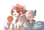  &gt;_&lt; 1boy 1girl antlers blue_overalls blush commentary cross food fruit hair_bun hat highres holding holding_food horns long_sleeves looking_at_viewer lying mandarin_orange nami_(one_piece) on_stomach one_piece orange_eyes orange_hair overalls reindeer_antlers ri_fanart shirt sidelocks simple_background smile striped_clothes striped_shirt tony_tony_chopper vertical-striped_clothes vertical-striped_shirt white_background 