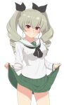  1girl absurdres ada_badguy anchovy_(girls_und_panzer) black_neckerchief blush bow breasts clothes_lift drill_hair girls_und_panzer green_hair green_skirt hair_bow highres lifted_by_self long_hair long_sleeves looking_at_viewer medium_breasts neckerchief ooarai_school_uniform pleated_skirt red_eyes school_uniform serafuku shirt simple_background skirt skirt_lift smile solo twin_drills white_background white_shirt 