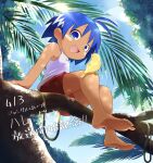 1boy absurdres bird blue_eyes blue_hair child cloud commentary_request dark_skin day feet full_body hachidori_sub_(8dori_sub2) hare_(jungle_wa_itsumo) highres jungle_wa_itsumo_hare_nochi_guu male_focus open_mouth outdoors palm_tree red_shorts shirt short_hair shorts sitting smile solo toes translation_request tree white_shirt 