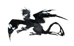  animal_feet black_feathers black_fur black_hair black_tail black_wings colored_skin creature expressionless feathers full_body grey_skin highres kamikiririp original solo sphinx tail white_background white_eyes wings 