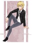  1boy alternate_costume billy_the_kid_(fate) black_footwear black_jacket blonde_hair denim fate/grand_order fate_(series) green_eyes highres jacket jeans long_sleeves male_focus pants shirt shoes short_hair sitting smile sunglasses unworn_eyewear white_shirt 