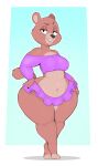 anthro big_breasts bottomwear breasts brown_body brown_fur brown_tail clothed clothing curvy_figure eyebrows feet female fingers full-length_portrait fur half-closed_eyes hands_on_own_hips hi_res looking_at_viewer mammal microskirt miniskirt multicolored_body multicolored_fur narrowed_eyes navel portrait skirt solo standing tail thick_thighs toes topwear two_tone_body two_tone_fur usnarbit voluptuous whiskers wide_hips