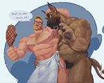 abs anthro apron apron_only armpit_hair beard benoitxie big_muscles big_pecs big_penis blonde_hair bodily_fluids body_hair canid canine canis chest_hair clothing domestic_dog drooling drumstick_(food) duo eyewear facial_hair genitals glasses great_dane hair hairy hi_res holding_partner human human_on_anthro interspecies larger_anthro larger_male male male/male mammal mastiff molosser muscular muscular_anthro muscular_human muscular_male mustache navel nipples nude pecs penis pubes saliva size_difference tail tail_motion tailwag