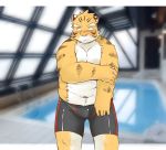 2020 anthro belly blush bulge clothing felid hi_res humanoid_hands inuryu kemono male mammal moobs navel overweight overweight_male pantherine solo swimwear tiger 