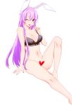 1girl ;p absurdres animal_ears bare_arms bare_shoulders black_bra bottomless bra breasts bunny_ears censored cleavage heart heart_censor highres knee_up long_hair looking_at_viewer medium_breasts navel one_eye_closed purple_hair red_eyes reisen_udongein_inaba simple_background sitting solo tongue tongue_out touhou underwear white_background yukina_(masyumaro610) 