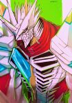  armor blurry blurry_background cape chest_jewel close-up digimon digimon_(creature) green_background highres horns jesmon red_cape red_shrug shoulder_armor shrug_(clothing) single_horn solo spikes twitter_username yellow_eyes zigokuno 