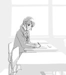  1girl bad_drawr_id bad_id blazer blush bow bowtie chair character_request classroom collared_shirt copyright_request desk francine_(daijaemon) greyscale holding jacket long_hair long_sleeves looking_at_viewer low_twintails monochrome oekaki on_chair paper parted_lips school_chair school_desk school_uniform shirt simple_background sitting skirt solo twintails white_background writing 
