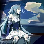  1girl absurdres bare_shoulders blue_eyes breasts cloud crescent dress duel_monster feet_out_of_frame fins goma_(gomaxx33) grey_hair hair_over_one_eye head_fins highres long_hair ocean sitting sleeves_past_fingers sleeves_past_wrists solo tearlaments_havnis tongue tongue_out yu-gi-oh! 